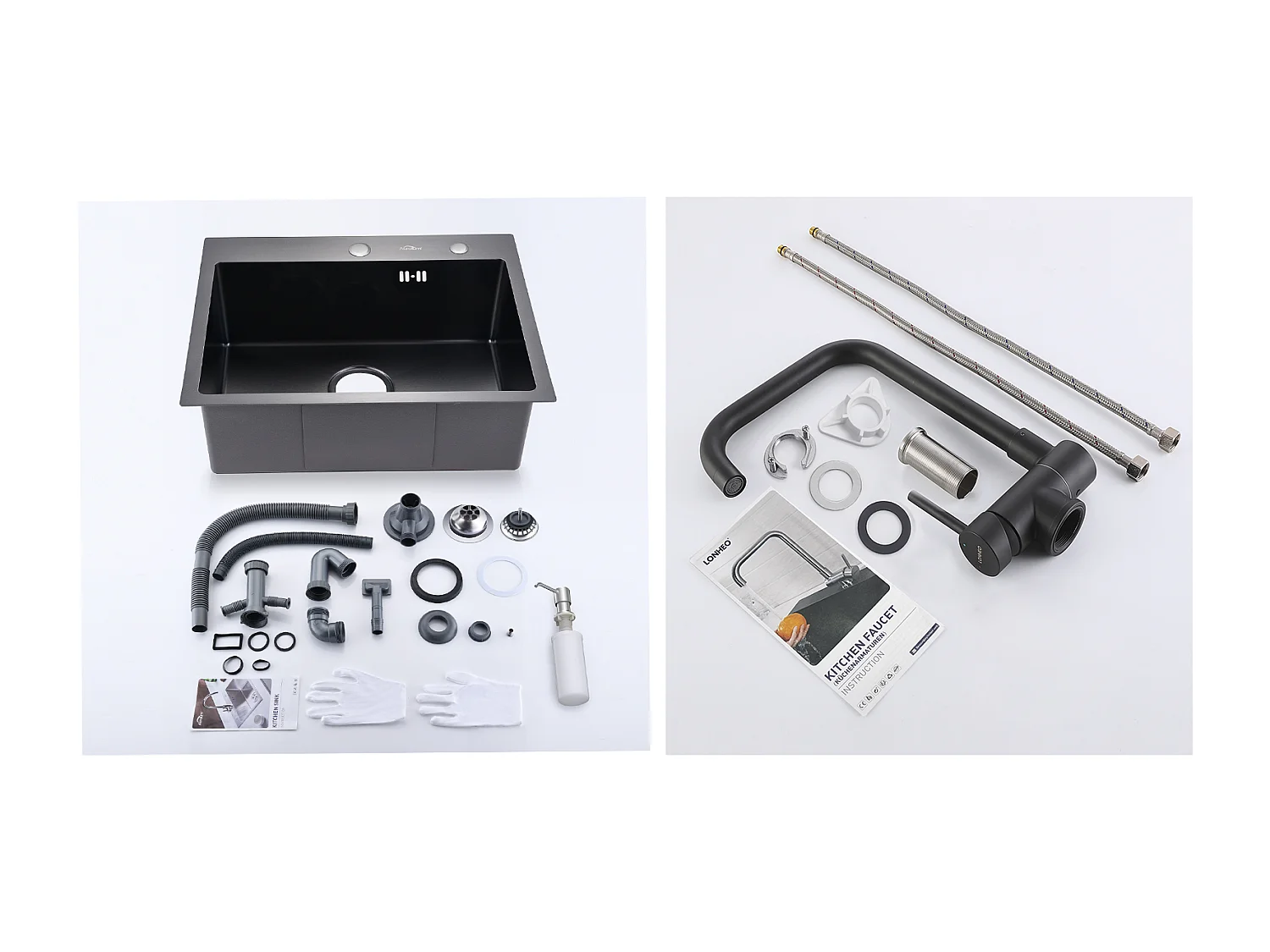 Lavello Cucina 1 Vassoio 55*45CM Nero+Miscelatore Cucina Pieghevole Girevole a 360°, con Maniglia Pieghevole Contro Finestra, Nero