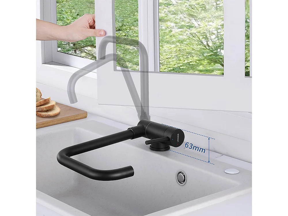 Lavello Cucina 1 Vassoio 55*45CM Nero+Miscelatore Cucina Pieghevole Girevole a 360°, con Maniglia Pieghevole Contro Finestra, Nero