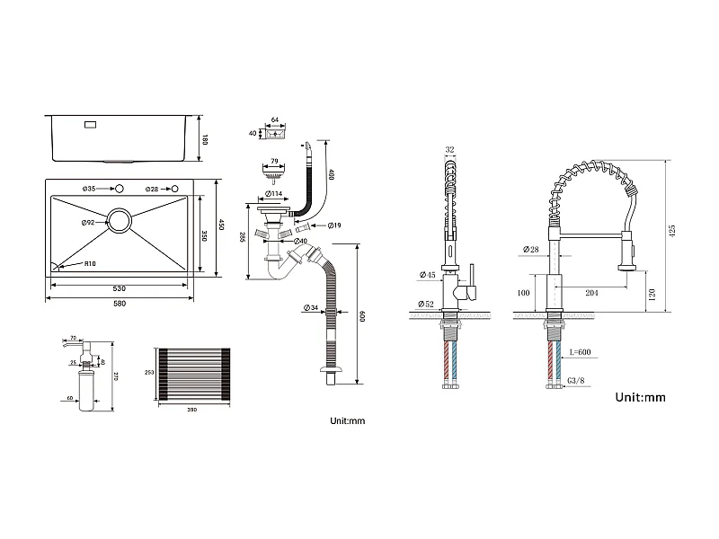Évier Cuisine 1 Bac 58*45*18CM,Égouttoir Énroulable, Distributeur Savon+Robinet  Cuisine à Ressort avec Douchette Extensible,2 Modes,Brossé
