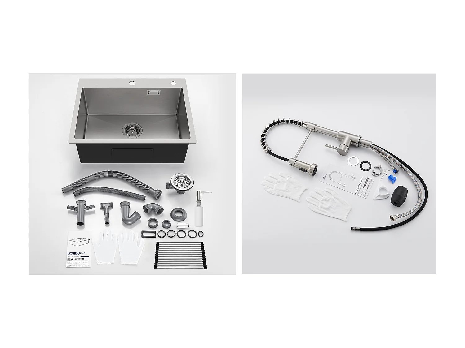 Évier Cuisine 1 Bac 58*45*18CM,Égouttoir Énroulable, Distributeur Savon+Robinet  Cuisine à Ressort avec Douchette Extensible,2 Modes,Brossé