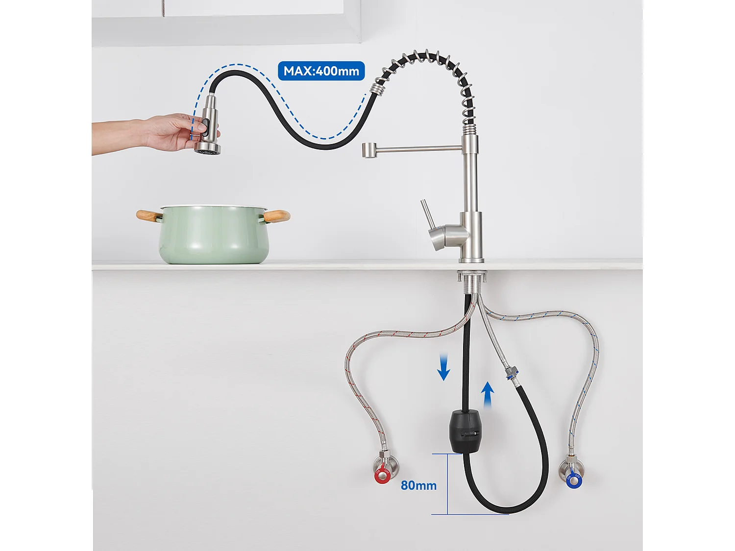 Évier Cuisine 1 Bac 58*45*18CM,Égouttoir Énroulable, Distributeur Savon+Robinet  Cuisine à Ressort avec Douchette Extensible,2 Modes,Brossé