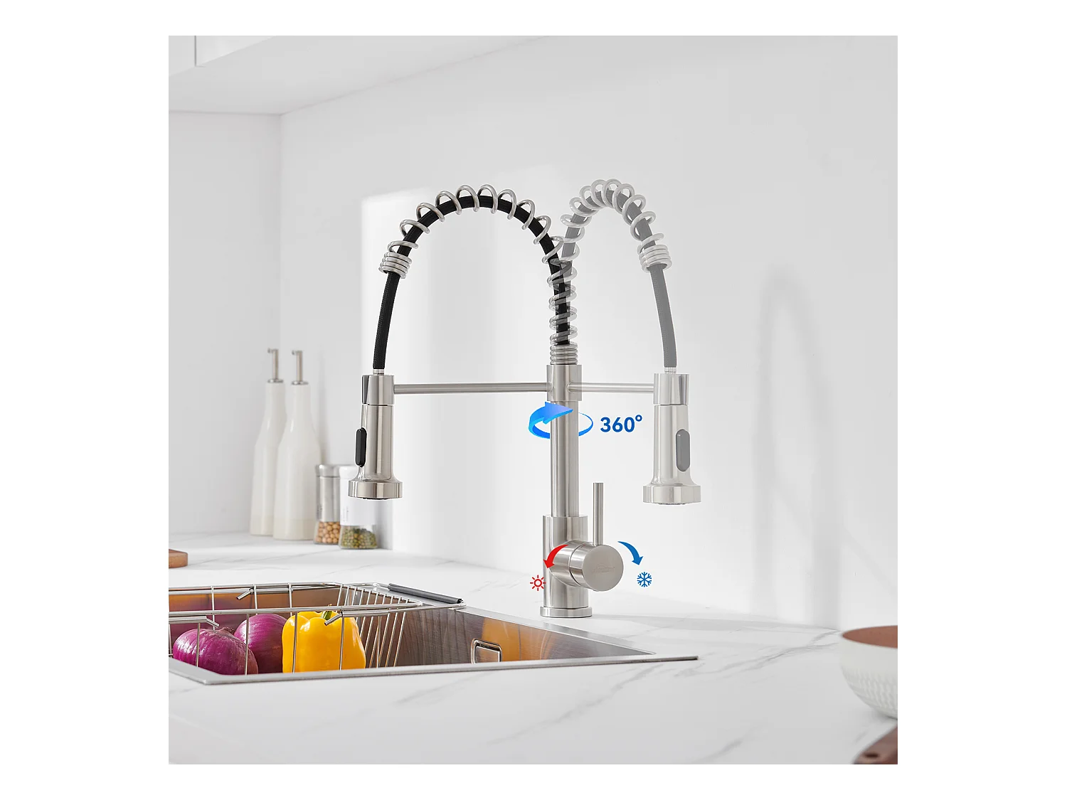 Évier Cuisine 1 Bac 58*45*18CM,Égouttoir Énroulable, Distributeur Savon+Robinet  Cuisine à Ressort avec Douchette Extensible,2 Modes,Brossé