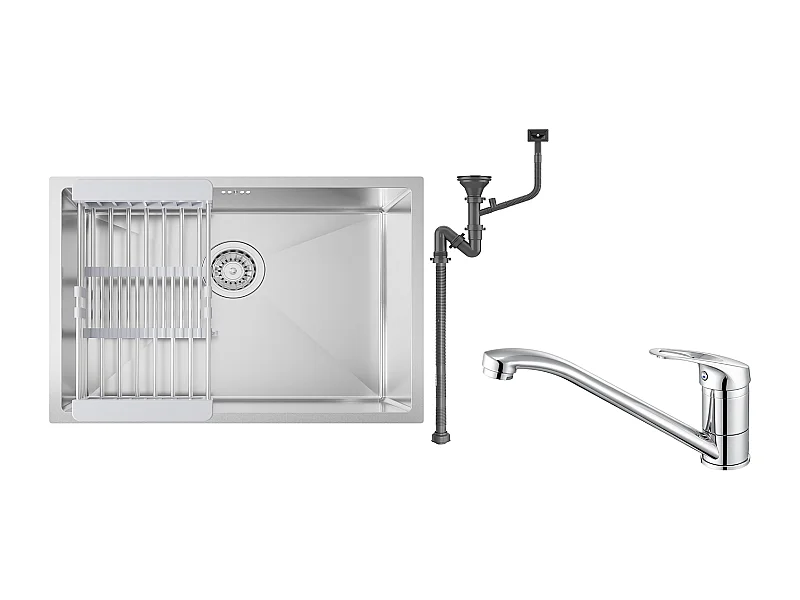 Auralum max Fregadero Cocina 1 Bandeja 60*44*20CM,inoxidable 304, empotrado con cesta drenaje,Nano Silver+Grifo cocina,Orientable 360°,Latón,Cromado