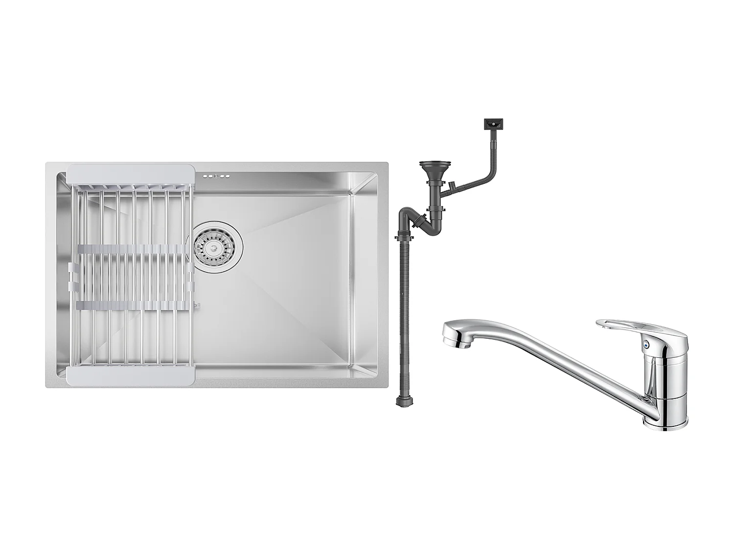 Auralum max Fregadero Cocina 1 Bandeja 60*44*20CM,inoxidable 304, empotrado con cesta drenaje,Nano Silver+Grifo cocina,Orientable 360°,Latón,Cromado