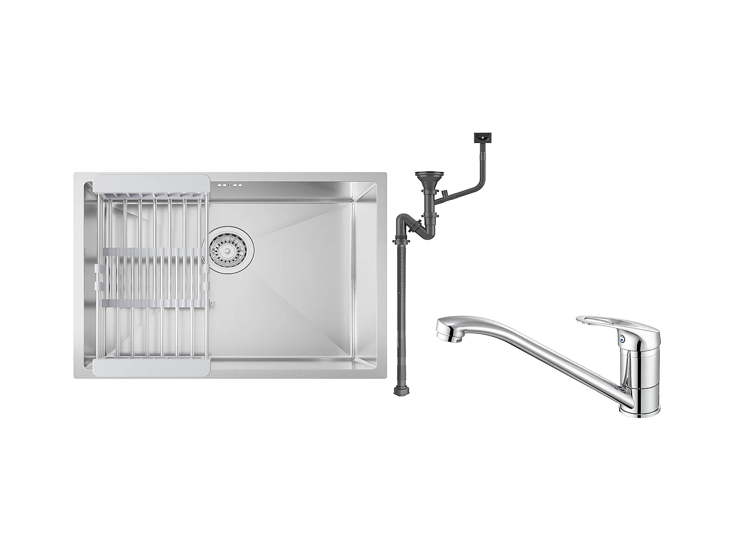 Auralum max Évier Cuisine 1 Bac 60*44*20CM,inox 304,à Encastrer avec Panier Drainage,Nano Silver+Robinet de Cuisine,Orientable 360°,en Laiton,Chromé