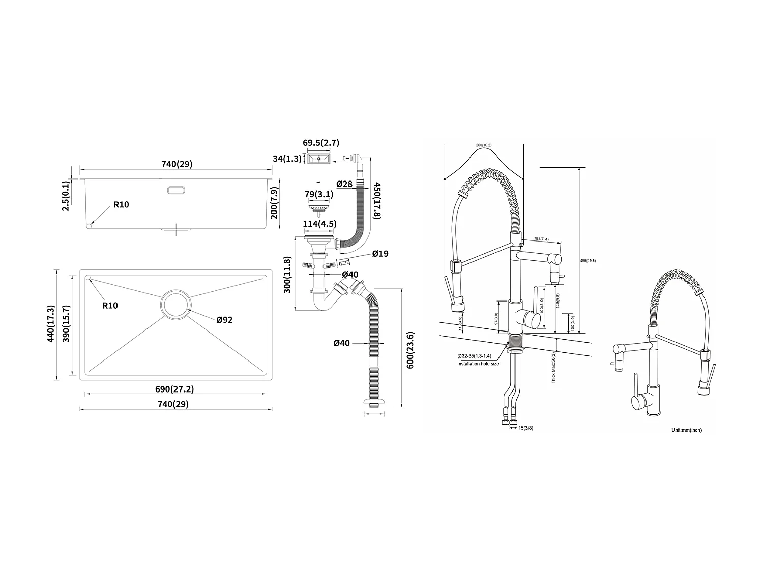Évier Cuisine 1 Bac 74*44*20CM 304 Inox Évier Brossé avec Siphon et Trop-Plein+Robinet Cuisine Rotatif 360° Douchette Extractible