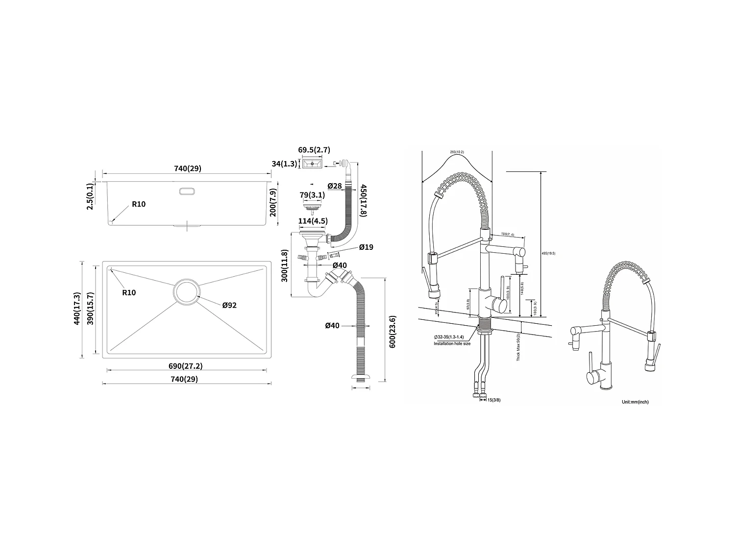 Évier Cuisine 1 Bac 74*44*20CM 304 Inox Évier Brossé avec Siphon et Trop-Plein+Robinet Cuisine Rotatif 360° Douchette Extractible