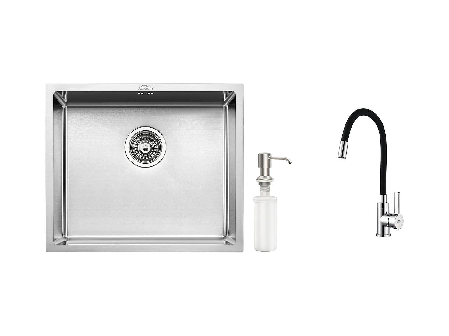 Évier de Cuisine Inox 1 Bac 50*43*18CM avec Distributeur de Savon+Robinet de Cuisine Flexible Bec Haut Orientable