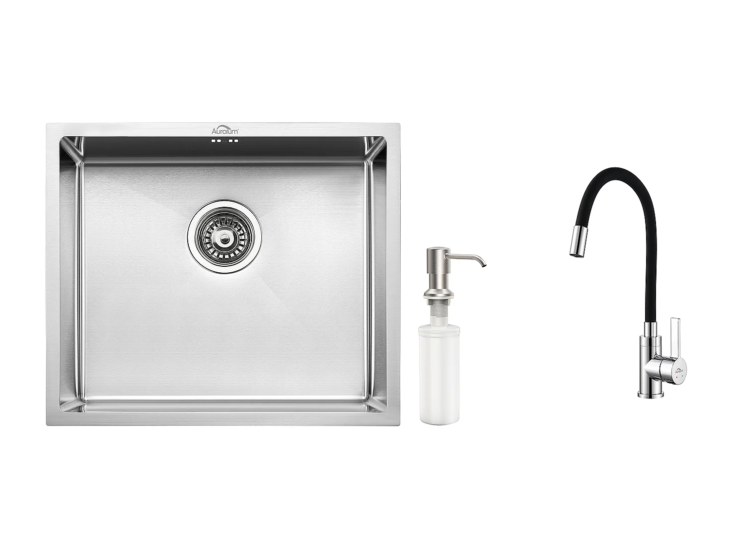 Lavello da Cucina Inox 1 Vassoio 50*43*18CM con Distributore di Sapone+Rubinetto da Cucina Flessibile Becco Alto Orientabile