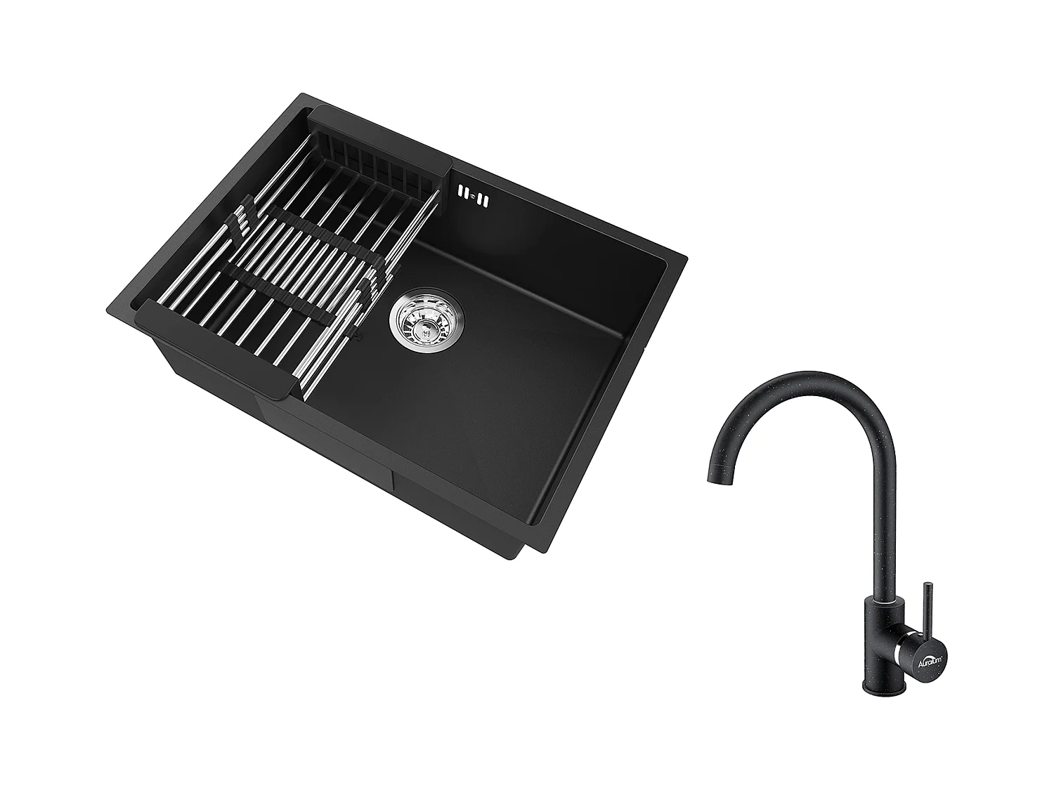 Auralum Max Évier Cuisine 1 Bac 60*44*20CM,inox 304,à Encastrer avec Panier Drainage,Noir+Robinet Cuisine Rotatif 360° Eau Froide et Chaude,Noir