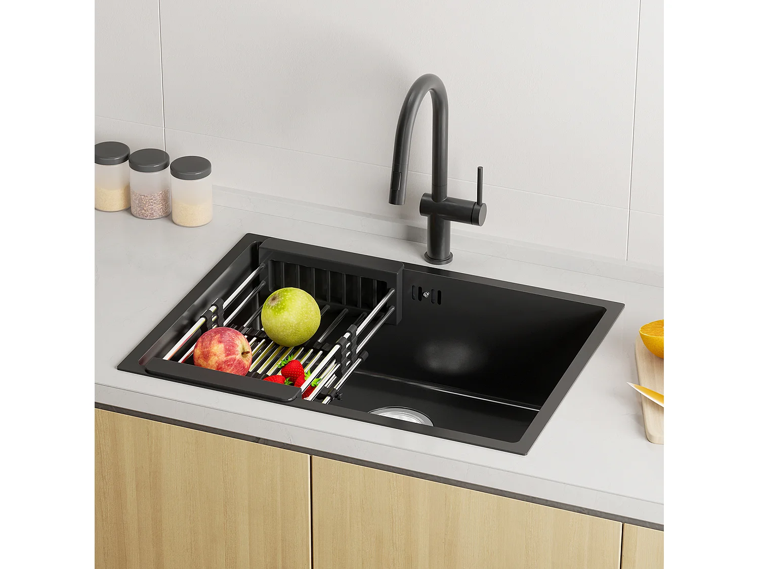 Auralum Max Évier Cuisine 1 Bac 60*44*20CM,inox 304,à Encastrer avec Panier Drainage,Noir+Robinet Cuisine Rotatif 360° Eau Froide et Chaude,Noir