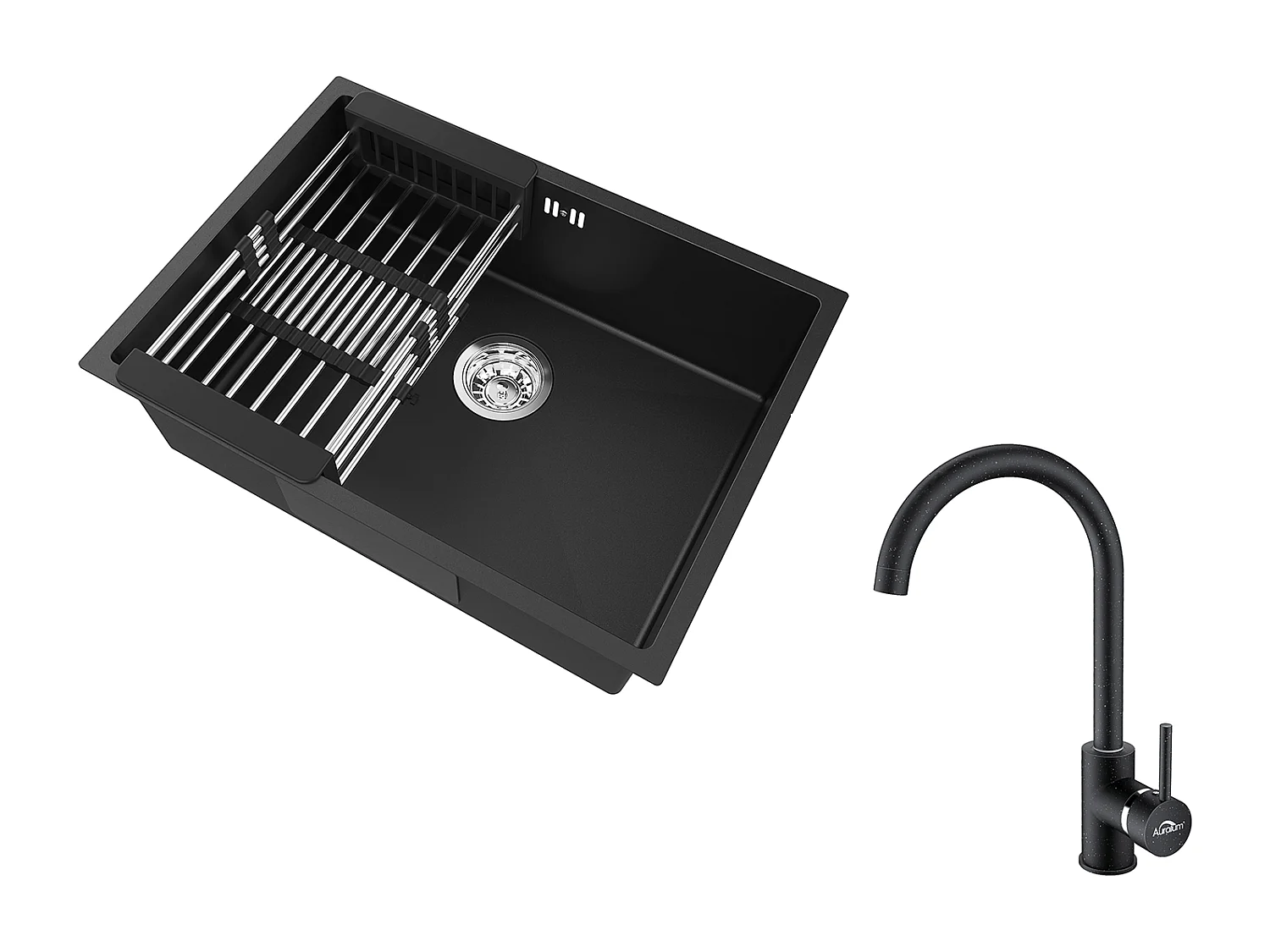 Auralum Max Évier Cuisine 1 Bac 60*44*20CM,inox 304,à Encastrer avec Panier Drainage,Noir+Robinet Cuisine Rotatif 360° Eau Froide et Chaude,Noir