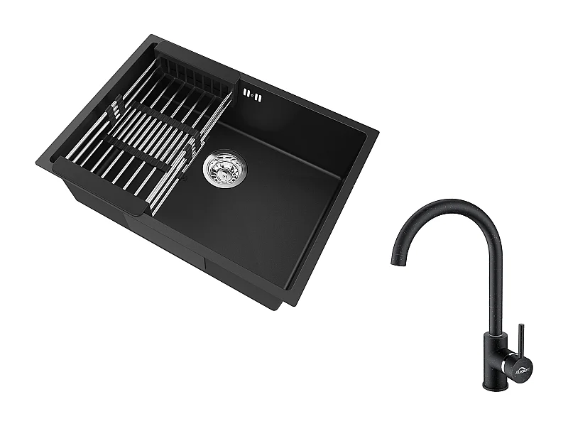 Auralum Max Évier Cuisine 1 Bac 60*44*20CM,inox 304,à Encastrer avec Panier Drainage,Noir+Robinet Cuisine Rotatif 360° Eau Froide et Chaude,Noir
