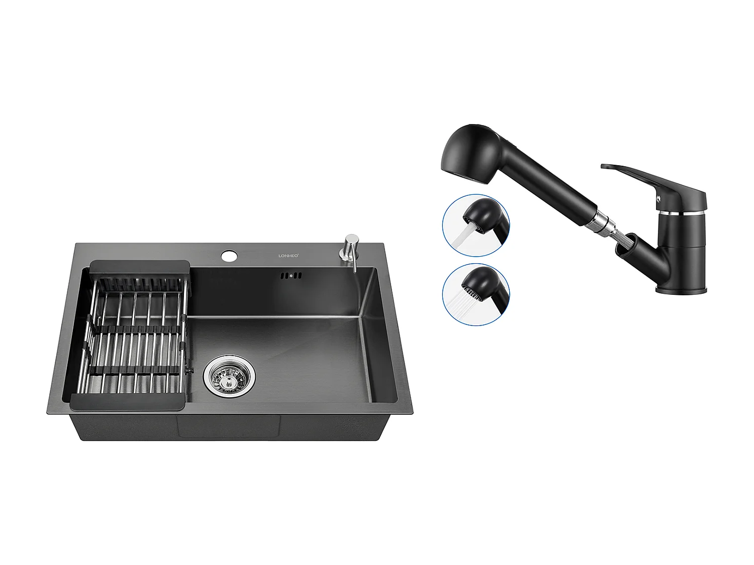 Lavello Cucina Nero 68x45x19CM con Distrubutore di sapone e Scolapiatti cestino+Rubinetto Cucina Nero con Doccetta Estraibile 2 Getti