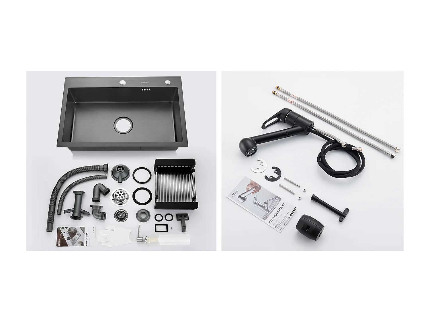 Lavello Cucina Nero 68x45x19CM con Distrubutore di sapone e Scolapiatti cestino+Rubinetto Cucina Nero con Doccetta Estraibile 2 Getti