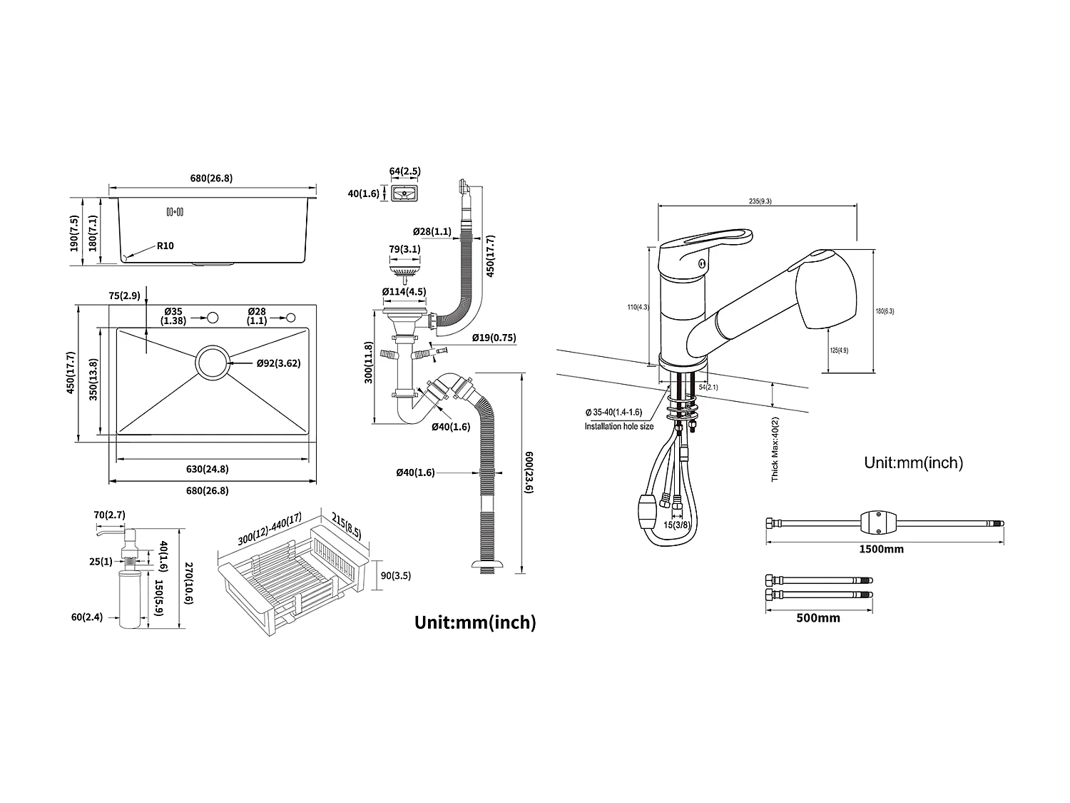 Évier Cuisine Noir 68x45x19CM avec Distrubuteur savon et Égouttoir panier+Robinet Cuisine Noir avec Douchette Extractible 2 Jets