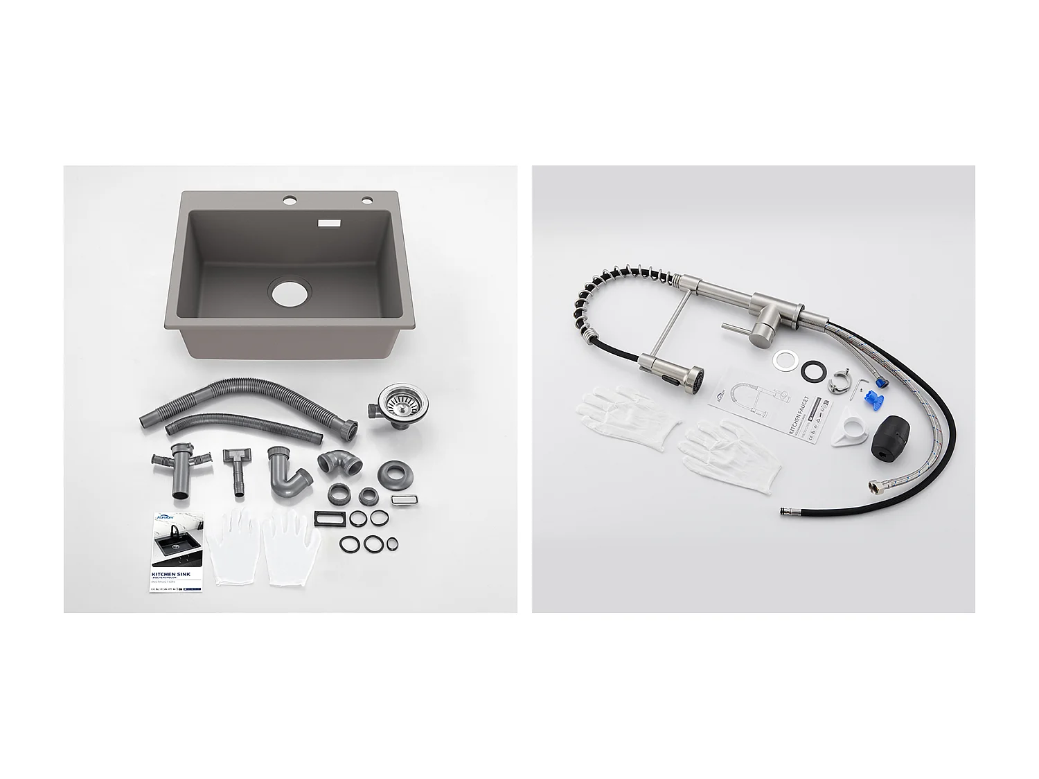 1 Becken Granit-Küchenspüle, 55*45*20cm, Ablaufgarnitur, Grau + Feder-Küchenarmatur mit ausziehbarem Sprüher, 2 Modi, 360° schwenkbar, Gebürstet