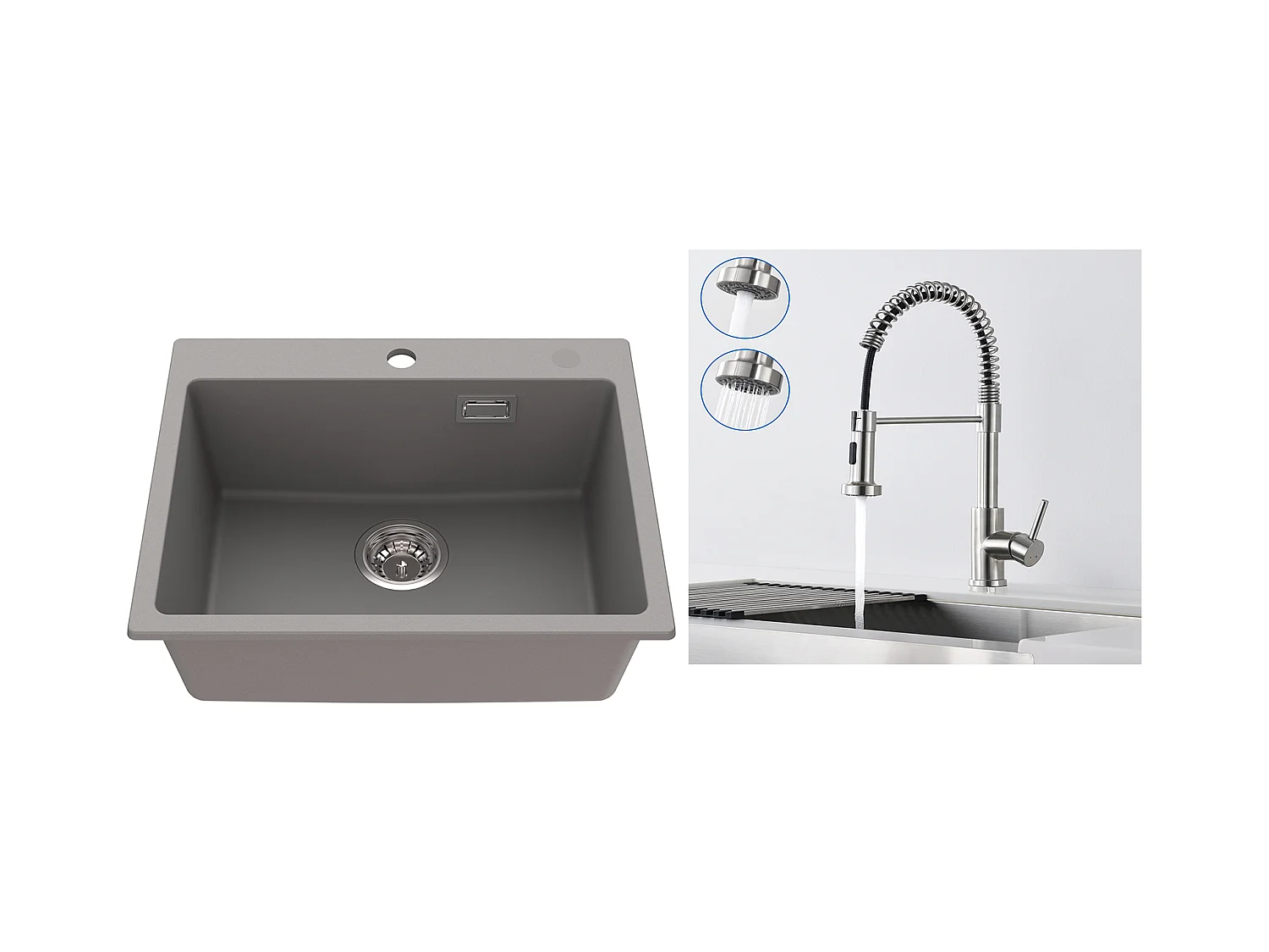 1 Bac Évier Cuisine en Granit,55*45*20cm,Kit de Vidage,Gris+Robinet Cuisine à Ressort avec Douchette Extensible,2 Modes,Pivotant 360°,Brossé