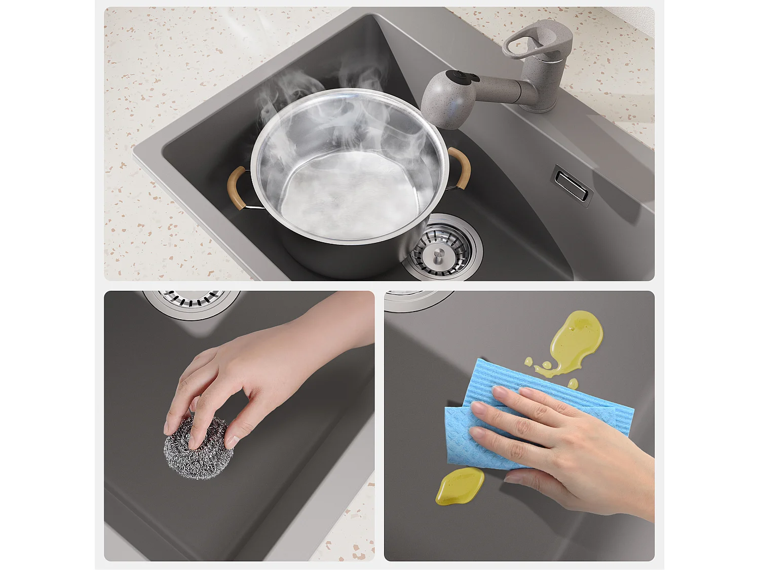 1 Granieten Aanrecht Keukenbak, 55*45*20cm, Afvoerset, Grijs + Lente Keukenkraan met Handdouche EXtensible,2 Modi, 360° draaibaar,Geborsteld