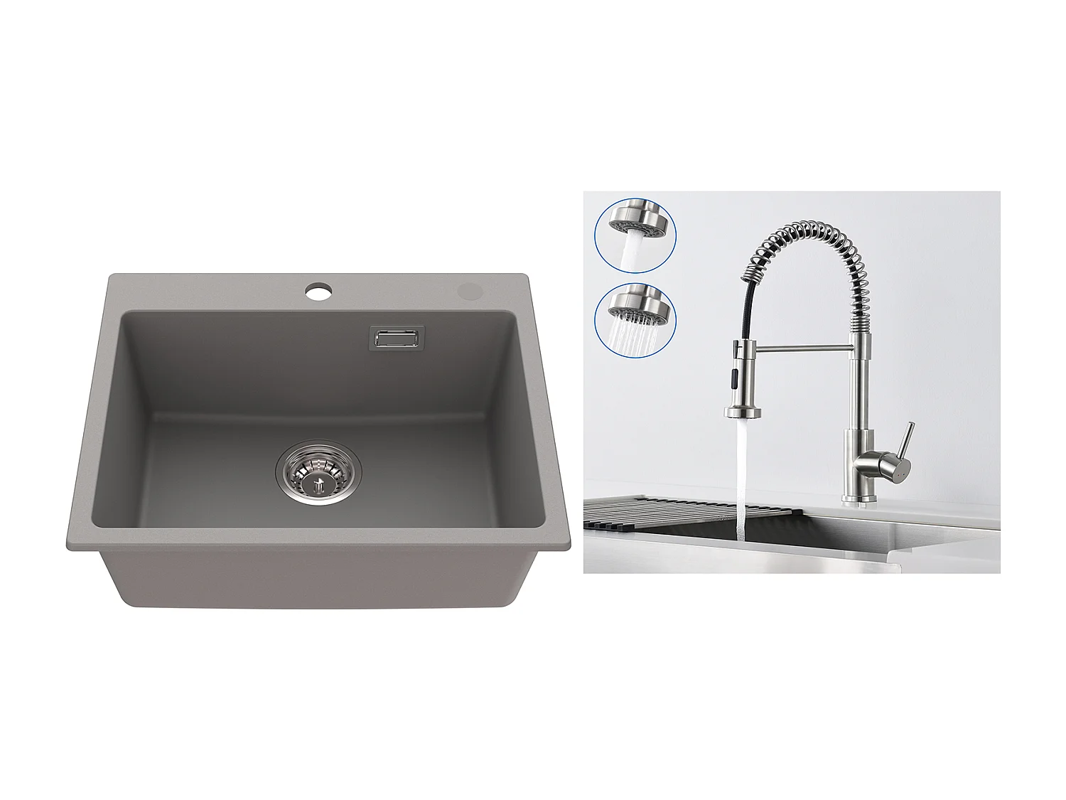 1 Bac Évier Cuisine en Granit,55*45*20cm,Kit de Vidage,Gris+Robinet Cuisine à Ressort avec Douchette Extensible,2 Modes,Pivotant 360°,Brossé