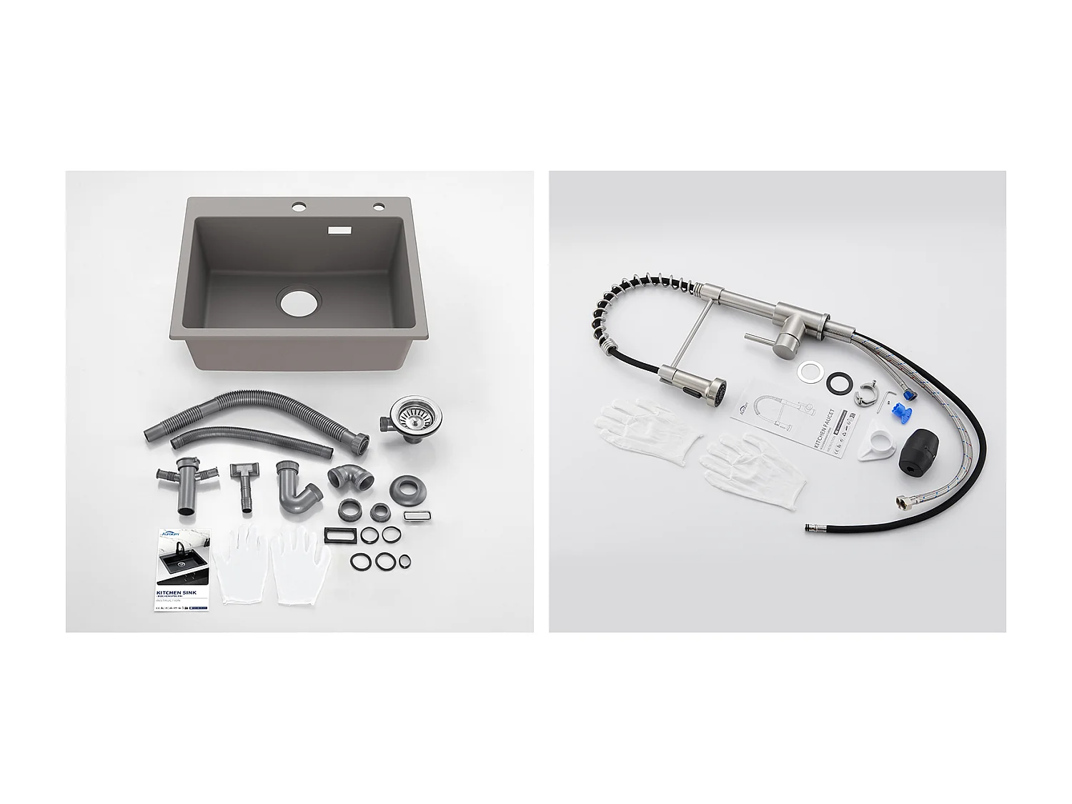 1 Bac Évier Cuisine en Granit,55*45*20cm,Kit de Vidage,Gris+Robinet Cuisine à Ressort avec Douchette Extensible,2 Modes,Pivotant 360°,Brossé