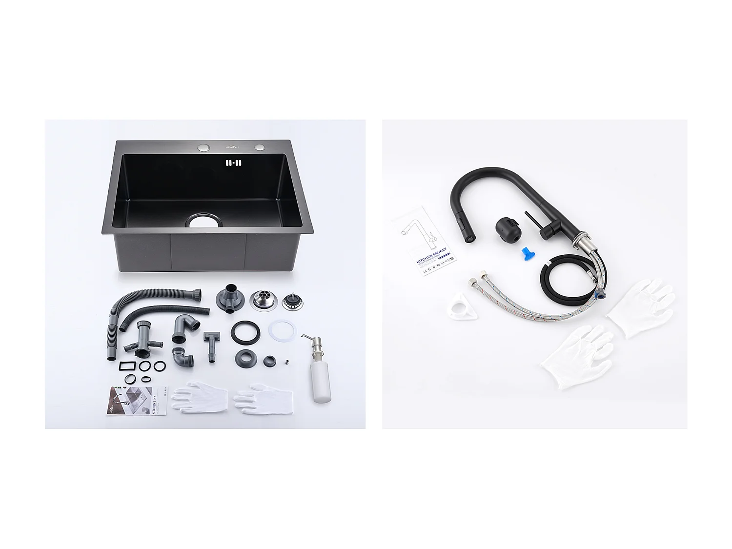55 x 45 cm, schwarzes Einzelbecken, Küchenspüle + Küchenarmatur mit ausziehbarer Brause, 360° schwenkbar, Warm- und Kaltwasser, U-förmiger Auslauf, schwarz