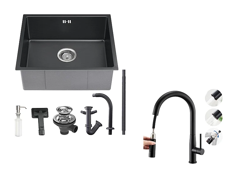 Évier Cuisine 1 Bac 55*45CM Noir+Robinet de Cuisine avec Douchette Extractible, Pivotant à 360°, Eau Froide et Chaude,Bec en Forme de U,Noir