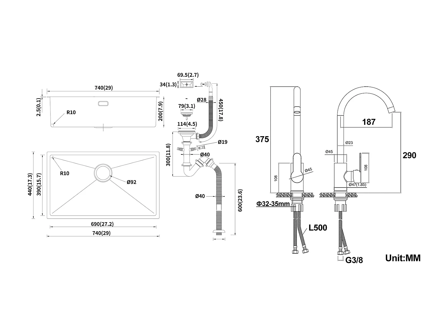 Évier Cuisine 1 Bac 74*44*20CM 304 Inox Évier Brossé avec Siphon et Trop-Plein+Robinet Cuisine Pivotant à 360° avec Eau Chaude/Froide, Chromé