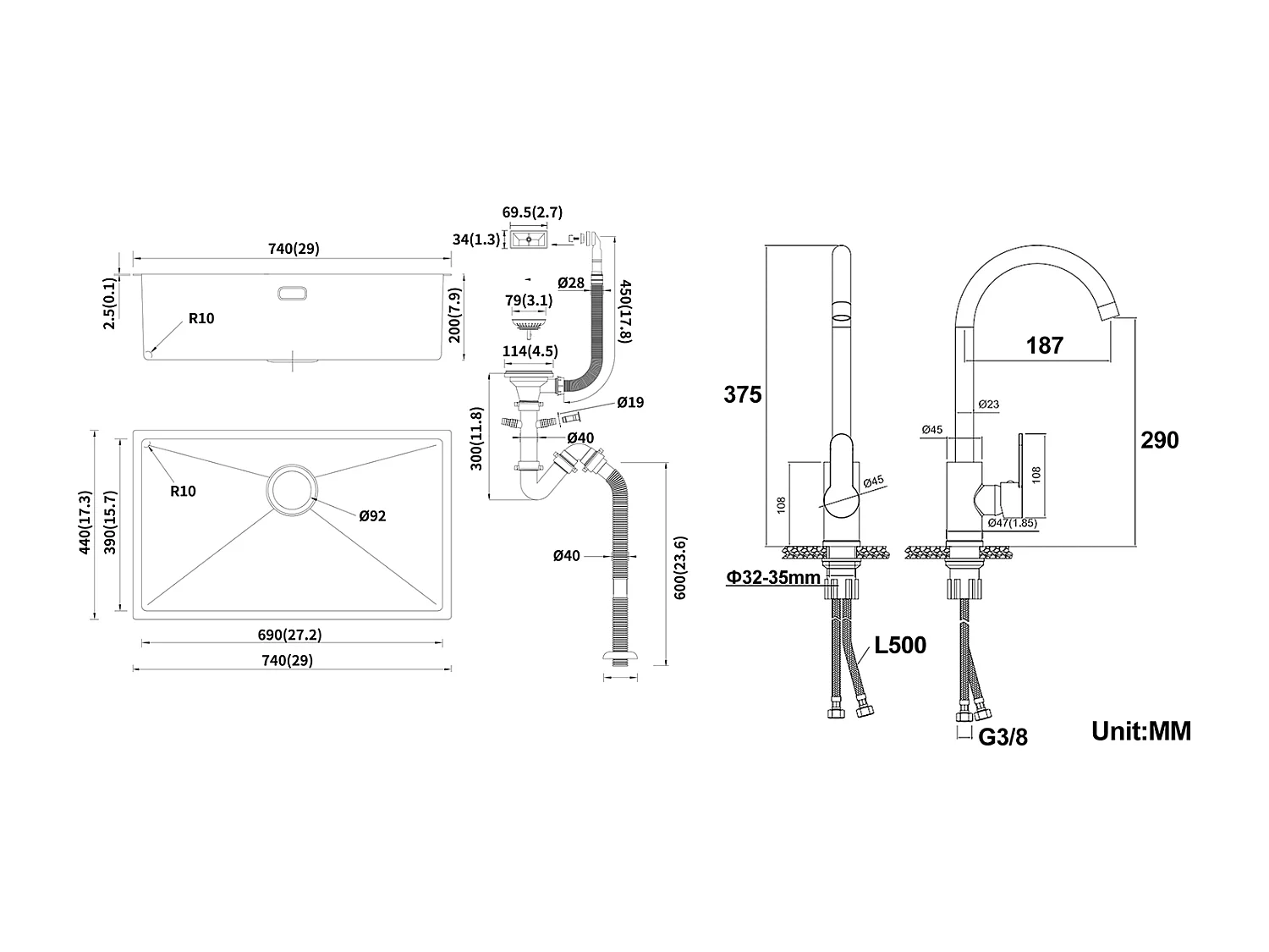 Fregadero Cocina 1 Bandeja 74*44*20CM 304 Inoxcon Sifón y Trop-Plein+Grifo Cocina Giratorio 360° con Agua Caliente/Fría,Cromado