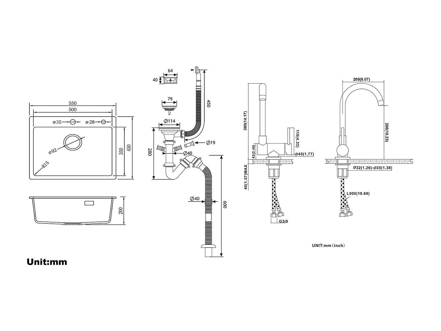 1 Bac Évier Cuisine en Granit,55*45*20cm,Kit de Vidage,Noir+Mitigeur Cuisine en Acier Inox 304 Rabattable Pivotant à 360° ,Noi
