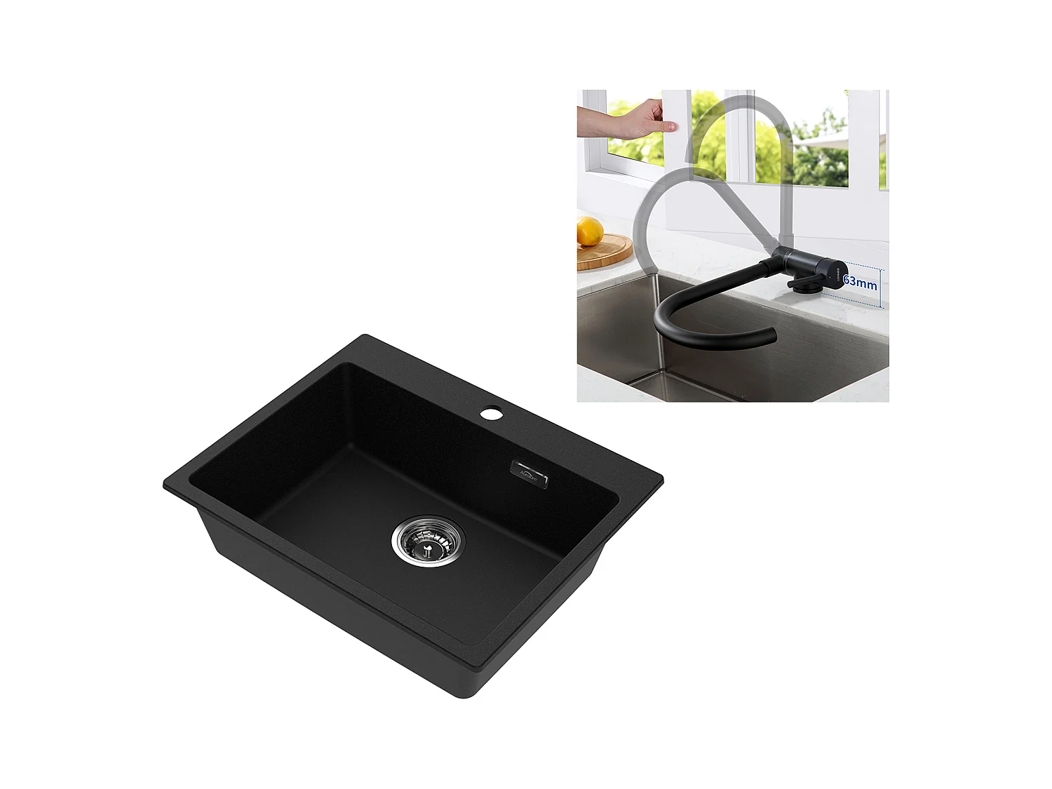 1 Bac Évier Cuisine en Granit,55*45*20cm,Kit de Vidage,Noir+Mitigeur Cuisine en Acier Inox 304 Rabattable Pivotant à 360° ,Noi