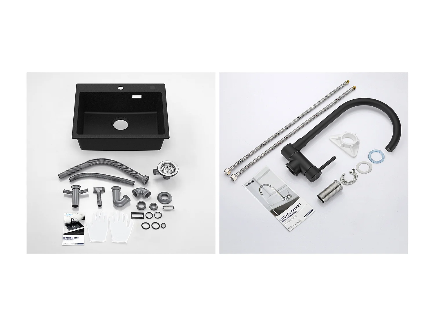 1 Bac Évier Cuisine en Granit,55*45*20cm,Kit de Vidage,Noir+Mitigeur Cuisine en Acier Inox 304 Rabattable Pivotant à 360° ,Noi