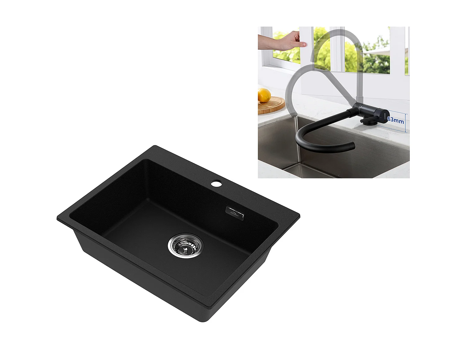 1 Bac Évier Cuisine en Granit,55*45*20cm,Kit de Vidage,Noir+Mitigeur Cuisine en Acier Inox 304 Rabattable Pivotant à 360° ,Noi