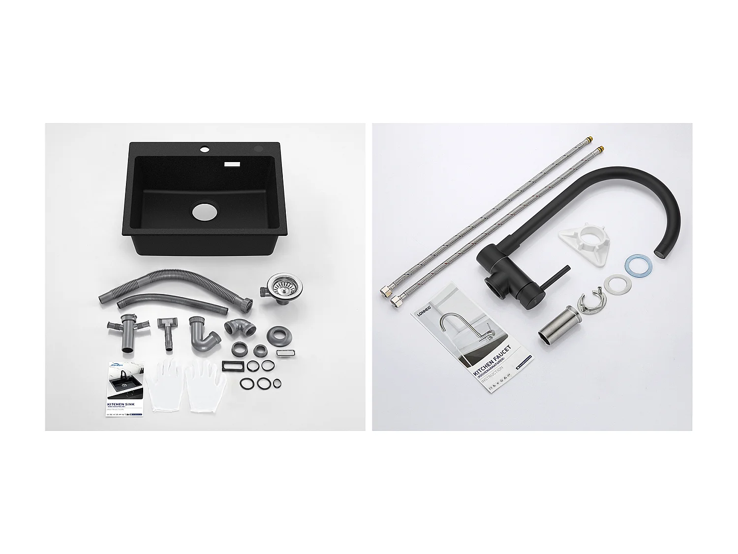 1 Bac Évier Cuisine en Granit,55*45*20cm,Kit de Vidage,Noir+Mitigeur Cuisine en Acier Inox 304 Rabattable Pivotant à 360° ,Noi