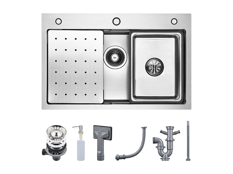 Cecipa max Évier de Cuisine 1 Cuve 70×45cm + Egouttoir + Vasque + Distributeur de Savon, Évier 1 Bac Évier Inox Grande Capacité (Argent),EU Modèle