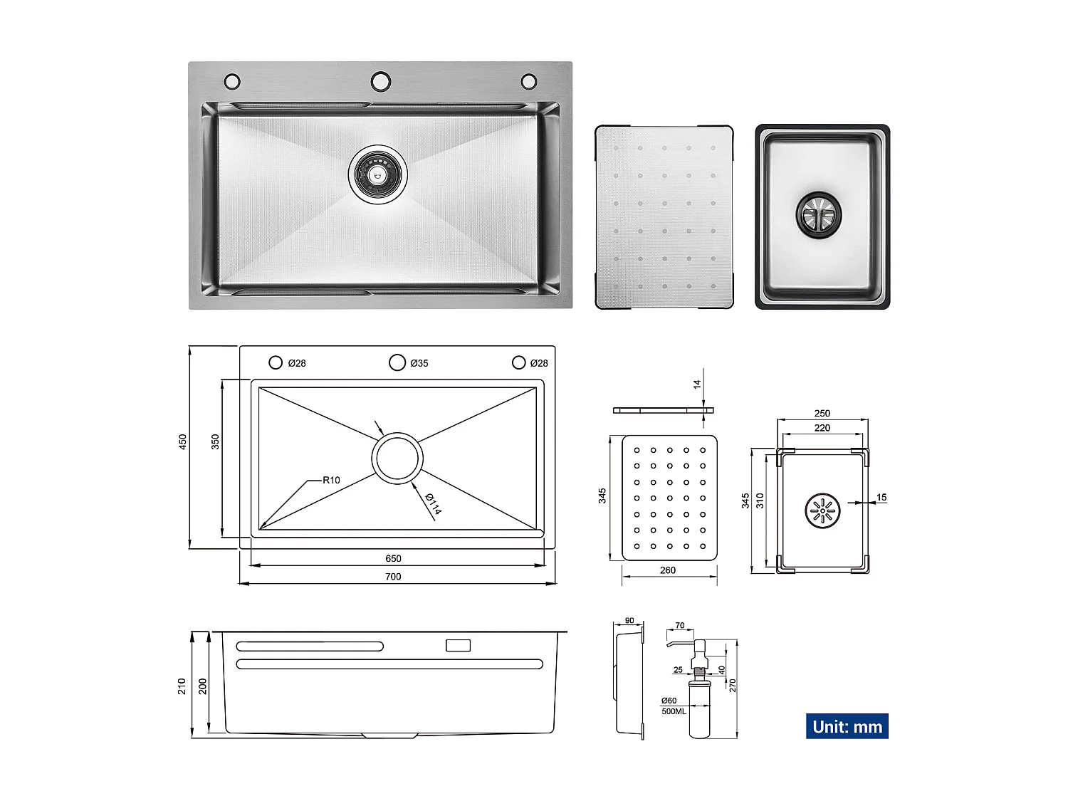 Cecipa max keukenspoelbak 1 kom 70×45cm + afdruiprek + wastafel + zeepdispenser, 1 spoelbak roestvrijstalen spoelbak met grote capaciteit (zilver), EU-model