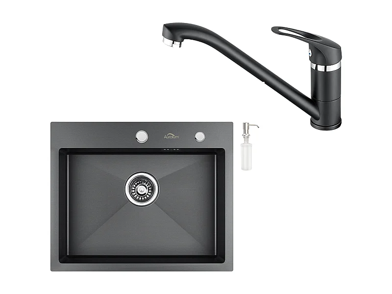 Évier Noir 1 Bac 55*45x18,5CM,Inox,avec Distrubuteur Savon+Robinet Cuisine,Orientable 360°,Eau Chaude/Froide,Noir