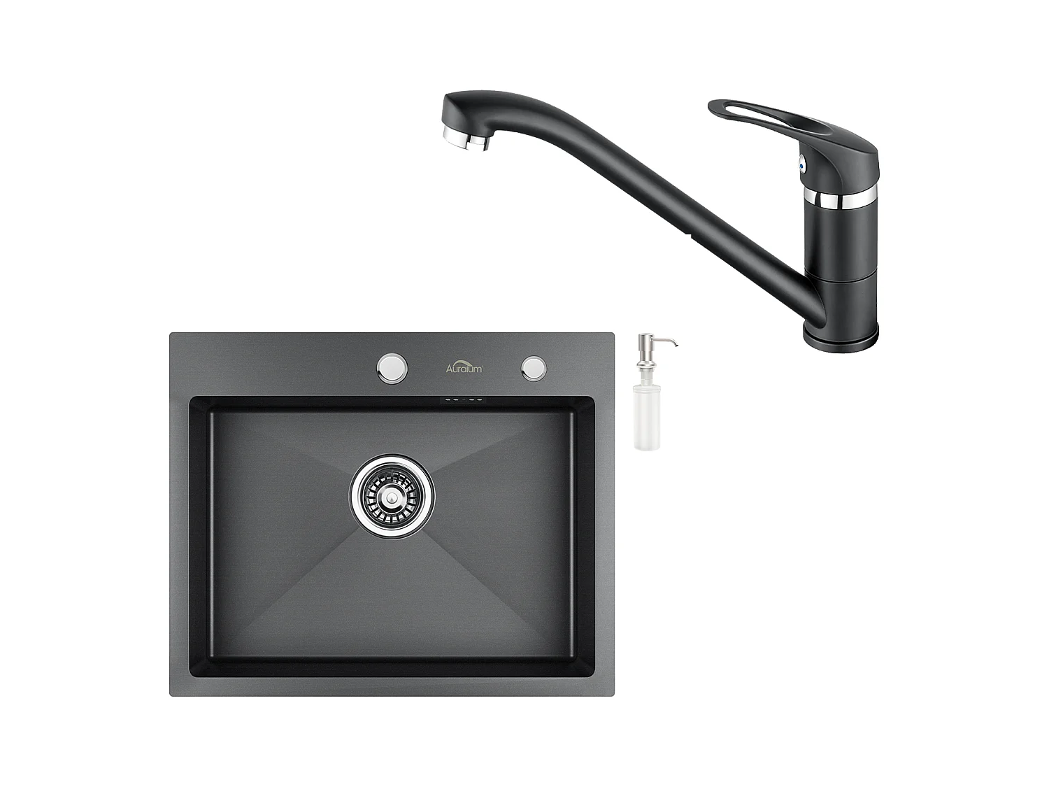 Évier Noir 1 Bac 55*45x18,5CM,Inox,avec Distrubuteur Savon+Robinet Cuisine,Orientable 360°,Eau Chaude/Froide,Noir
