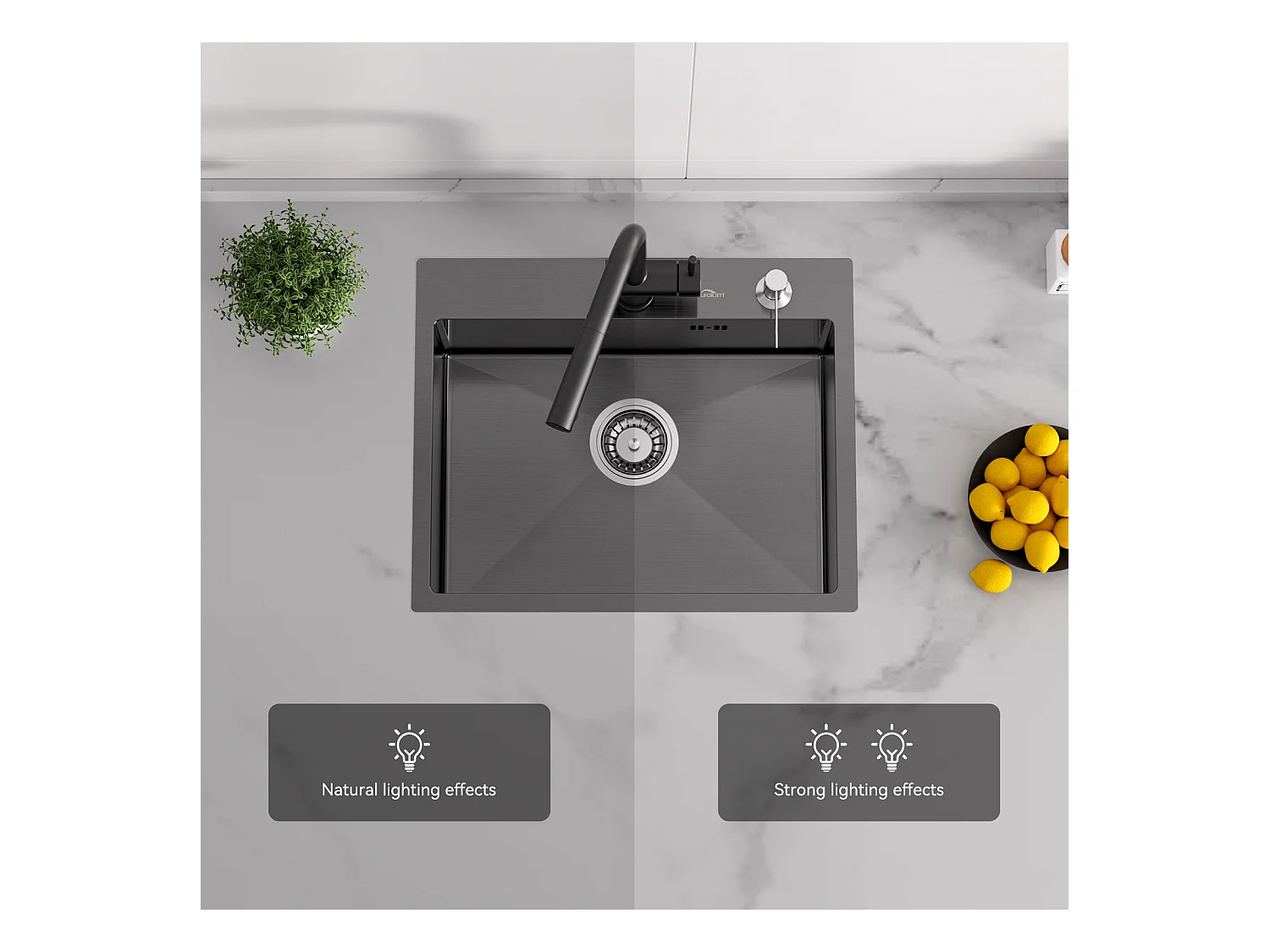 Évier Noir 1 Bac 55*45x18,5CM,Inox,avec Distrubuteur Savon+Robinet Cuisine,Orientable 360°,Eau Chaude/Froide,Noir