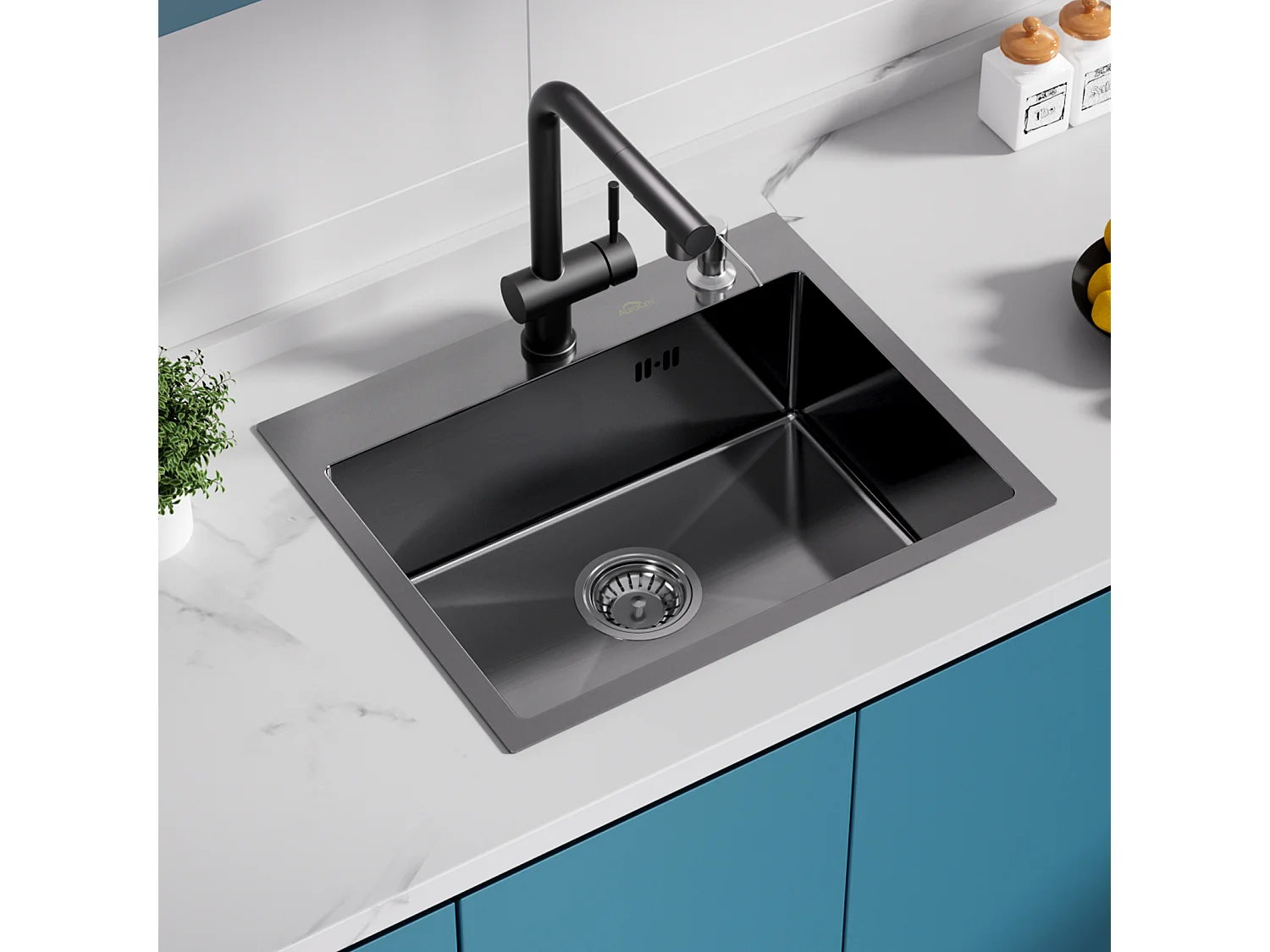 Lavello Nero 1 vasca 55*45x18,5CM, Inox, con Distrubutore Sapone+Rubinetto Cucina,Orientabile 360°,Acaca Calda/Fredda,Nero