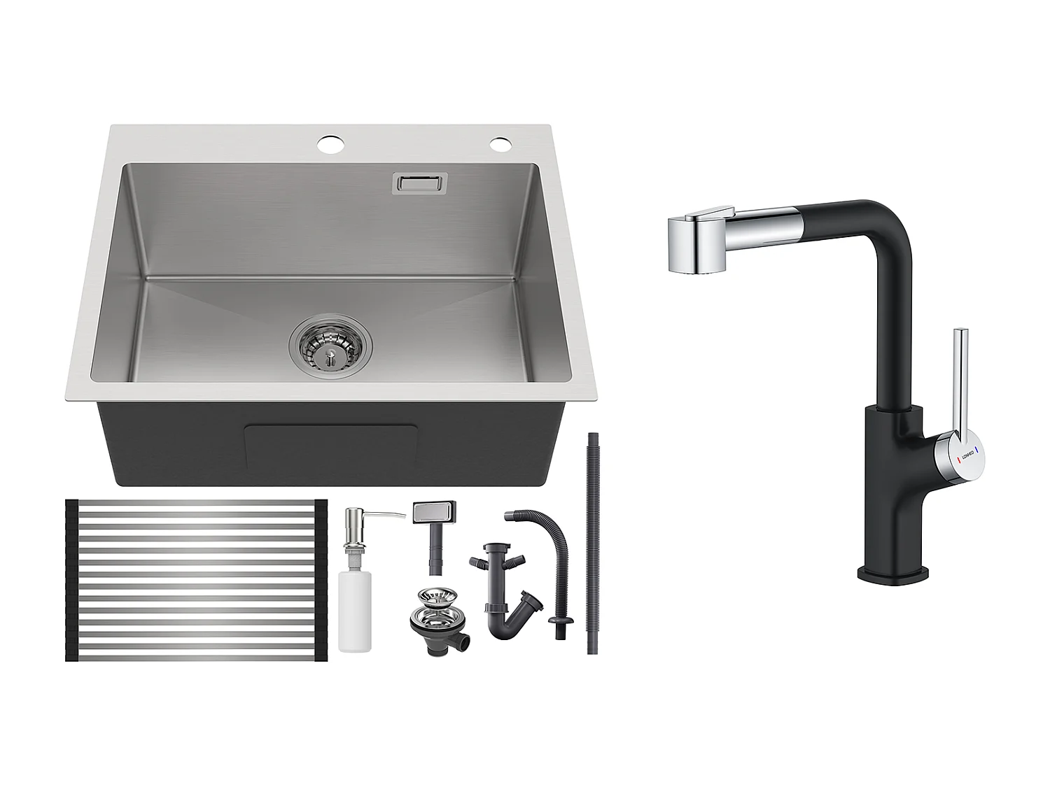 Évier Cuisine 1 Bac Brossé,58*45*18CM,Égouttoir Énroulable, Distributeur Savon+Robinet de Cuisine Inox Extractible Rotatif à 360 °, Noir