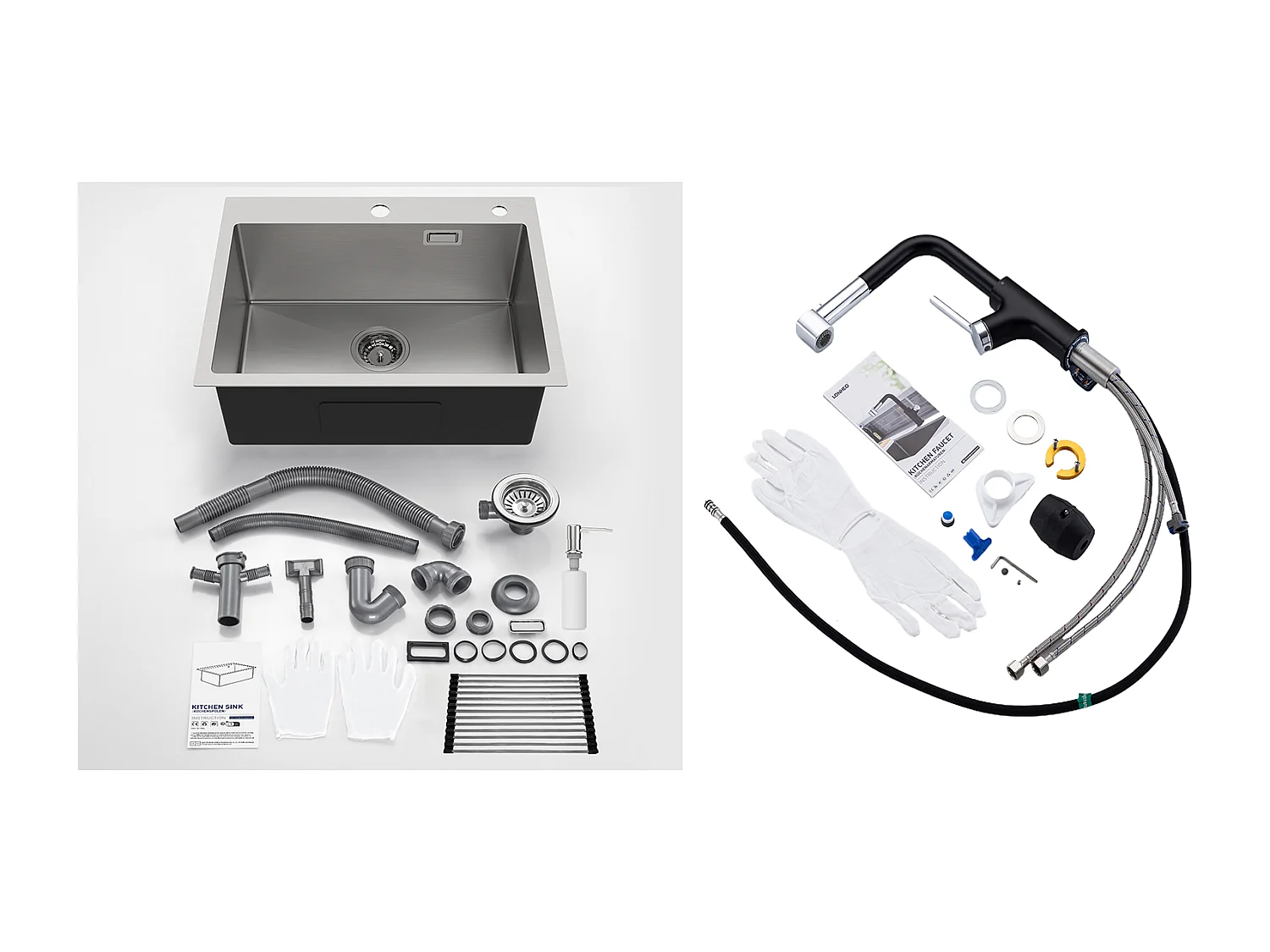 Évier Cuisine 1 Bac Brossé,58*45*18CM,Égouttoir Énroulable, Distributeur Savon+Robinet de Cuisine Inox Extractible Rotatif à 360 °, Noir