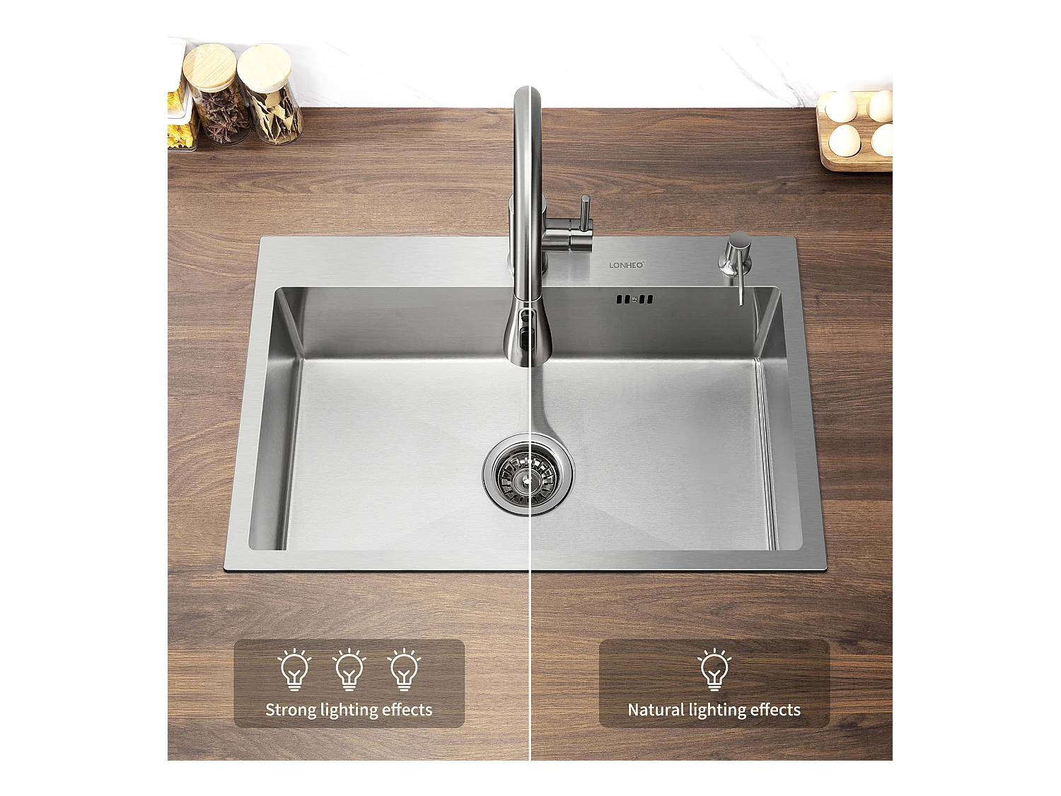 Évier Cuisine Brossé 68x45x19CM avec Distrubuteur savon/ Égouttoir Panier+Robinet Cuisine avec Douchette Extractible 2 Jets,Eau Froide/Chaude