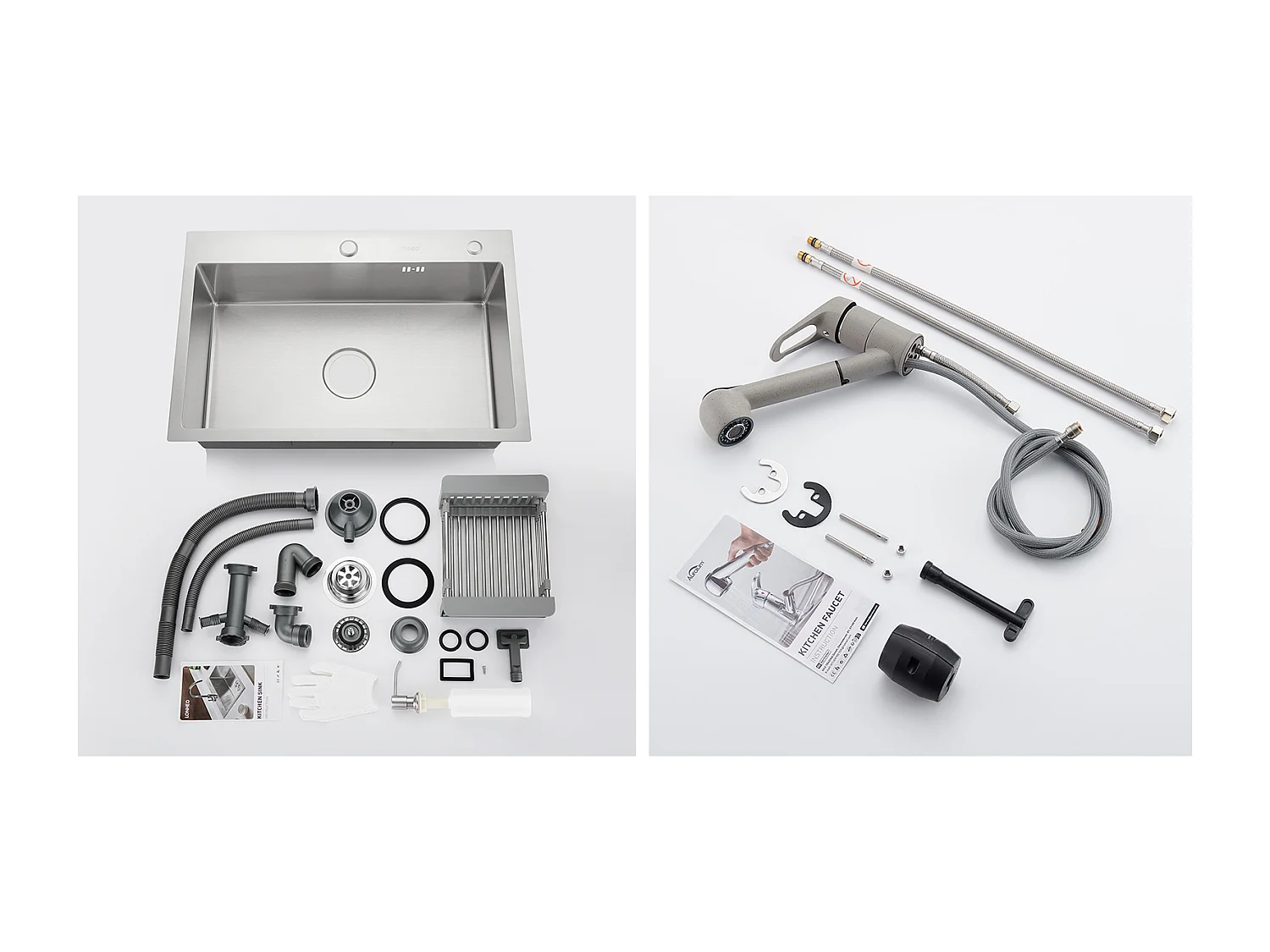 Évier Cuisine Brossé 68x45x19CM avec Distrubuteur savon/ Égouttoir Panier+Robinet Cuisine avec Douchette Extractible 2 Jets,Eau Froide/Chaude