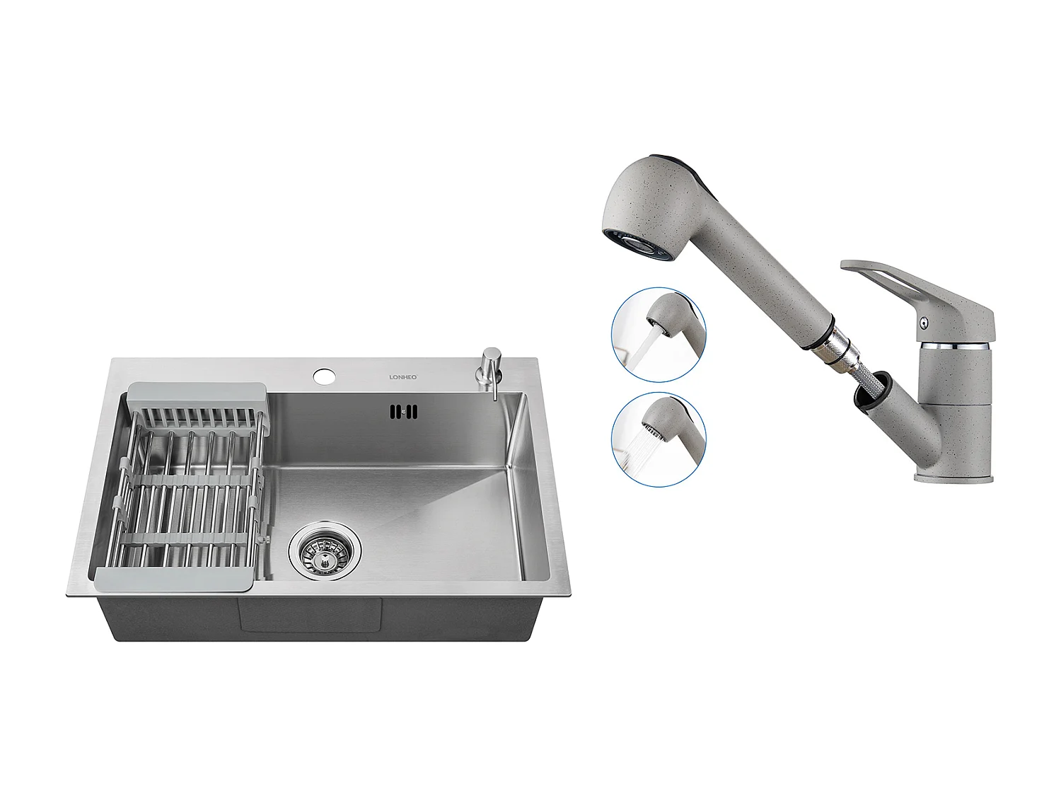 Évier Cuisine Brossé 68x45x19CM avec Distrubuteur savon/ Égouttoir Panier+Robinet Cuisine avec Douchette Extractible 2 Jets,Eau Froide/Chaude