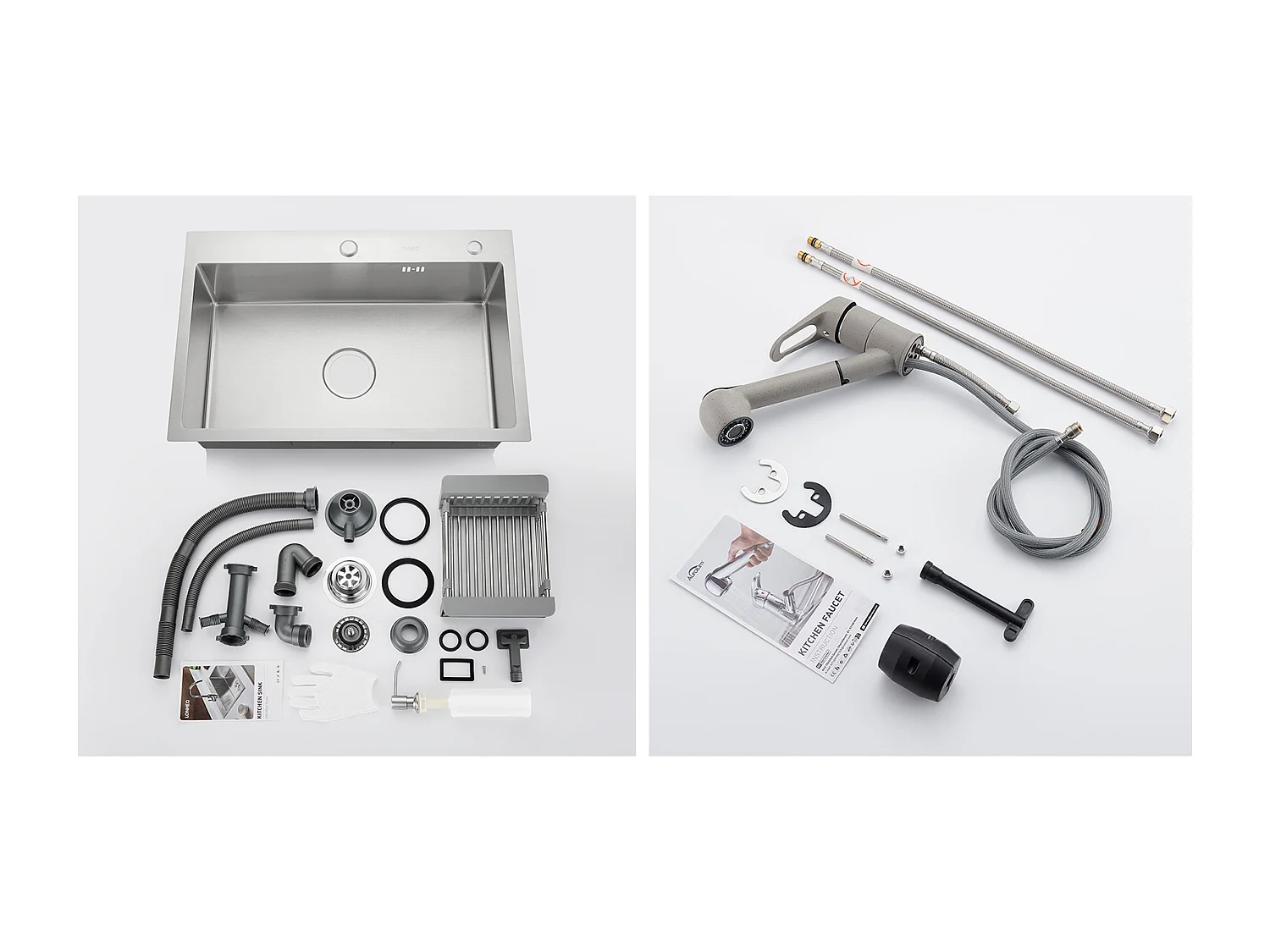 Évier Cuisine Brossé 68x45x19CM avec Distrubuteur savon/ Égouttoir Panier+Robinet Cuisine avec Douchette Extractible 2 Jets,Eau Froide/Chaude