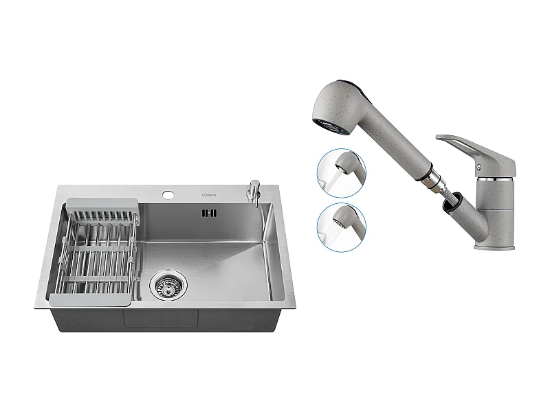 Évier Cuisine Brossé 68x45x19CM avec Distrubuteur savon/ Égouttoir Panier+Robinet Cuisine avec Douchette Extractible 2 Jets,Eau Froide/Chaude