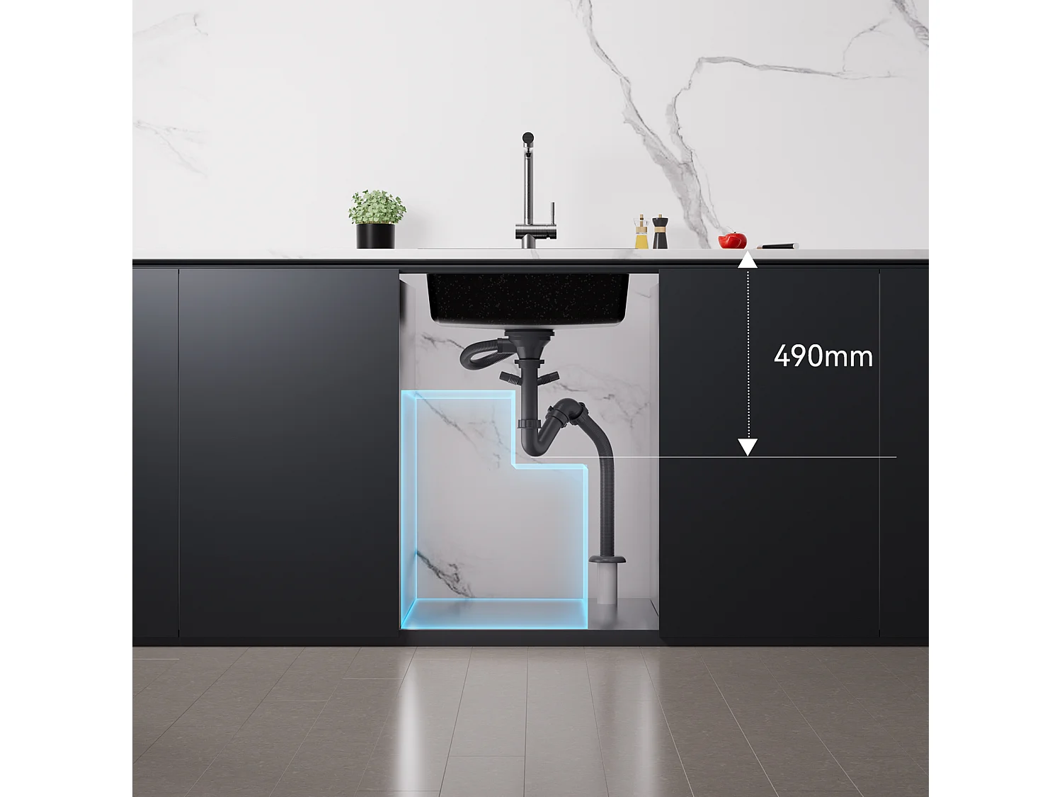 1 Becken Granit-Küchenspüle, 55*45*20cm, Ablaufgarnitur, Schwarz + 360° drehbarer Küchenhahn Heißes Kaltes Wasser Schwarz mit weißen Punkten