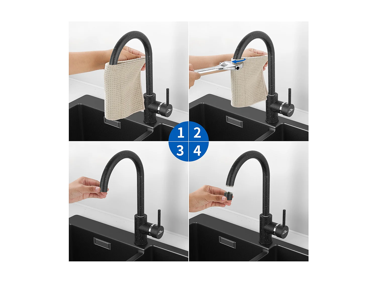 1 Becken Granit-Küchenspüle, 55*45*20cm, Ablaufgarnitur, Schwarz + 360° drehbarer Küchenhahn Heißes Kaltes Wasser Schwarz mit weißen Punkten