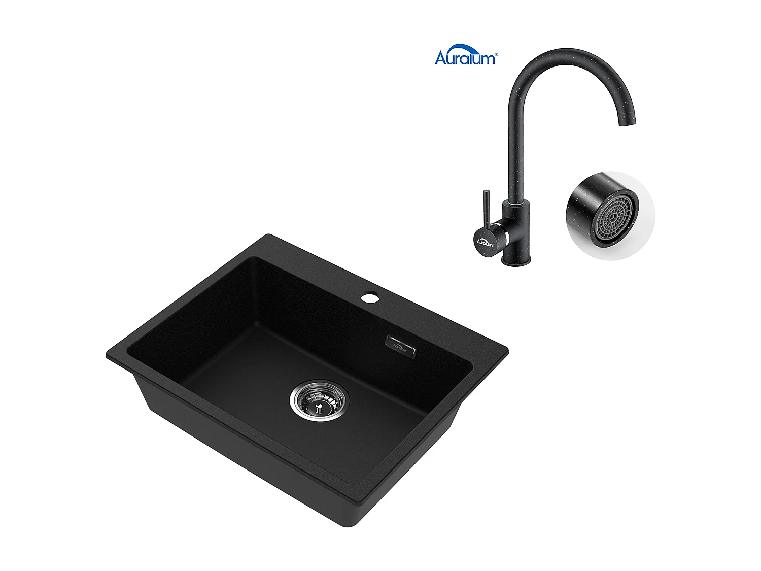 1 Bac Évier Cuisine en Granit,55*45*20cm,Kit de Vidage,Noir+Robinet Cuisine Rotatif 360°Eau Froide Chaude Noir avec points blancs